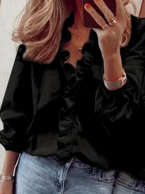 Pure Color Ruffle Hemline Shirt, Casual V-neck Long Sleeve Shirt. (Option: Black-S)