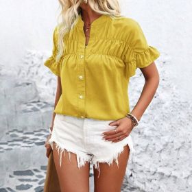 Women's Summer Casual Shirt - Button Front, Pleated Design With Lace Trim, Solid Color Top (Option: Yellow-S)