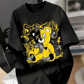 Splicing Bear And Letter Printed Casual T-shirt, Round Neck Loose Top With Dropped Shoulders, Suitable For Spring And Summer (Option: Black-S)