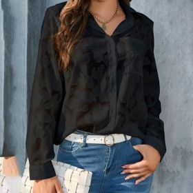 Womens Casual Sheer Button Down Shirts Long Sleeve V Neck Jacquard Blouses Tops (Option: Black-S)