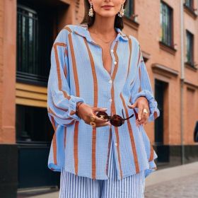 Women's Casual Striped Button-Down Shirt With Drop Sleeves Comfortable Loose-Fit Long Sleeve Top For Spring & Fall (Option: Gray purple-S)