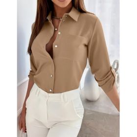 Womens Button Down Shirts V Neck Rolled Up Long Sleeve Tops Elegant Dressy Blouses Business Casual Outfits (Option: Khaki-2XL)