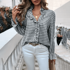 Women's French Style Checkered Button-Up Shirt - Elegant Plaid Pattern, Stand Collar With Ruffled Cuffs, Comfortable Wear (Option: Black-M)