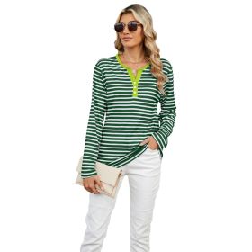 Women's V-neck Striped Loose Long-sleeved T-shirt Top (Option: Green Stripes-S)