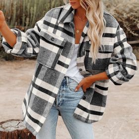 Plaid Button Flannel Woolen Shirt (Option: Black And White Plaid-S)