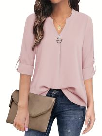 Women's Long Sleeved Simple And Versatile Casual Pearl Button Shirt (Option: Pink-XXL)