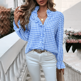 Women's French Style Checkered Button-Up Shirt - Elegant Plaid Pattern, Stand Collar With Ruffled Cuffs, Comfortable Wear (Option: Light Blue-S)