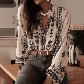 Women's Elegant Printed Blouse - Flowy Boho Shirt With Lantern Sleeves & Lace Trim, Vintage Ethnic Style Loose Top For Spring&Fall (Option: Apricot-S)