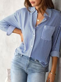 Classic Striped Casual, Business, Versatile Four Seasons Can Wear A Long-sleeved Shirt. (Option: Blue-4XL)