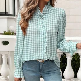 Women's French Style Checkered Button-Up Shirt - Elegant Plaid Pattern, Stand Collar With Ruffled Cuffs, Comfortable Wear (Option: Light Green-M)