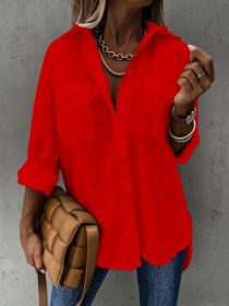 Simple Casual Long Sleeve Shirt With Pocket (Option: Hong-XXL)