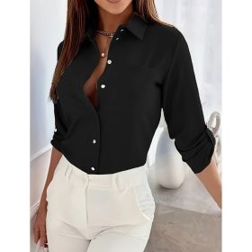 Womens Button Down Shirts V Neck Rolled Up Long Sleeve Tops Elegant Dressy Blouses Business Casual Outfits (Option: Black-S)
