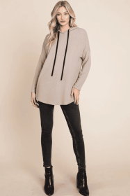 BOMBOM Contrast Drawstring Drop Shoulder Knit Hoodie (Option: Taupe-S)