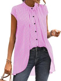 Black And White Striped Fake Two-piece Short-sleeved Shirt, Round-neck Front-buttoned Shirt (Option: Fen-M)