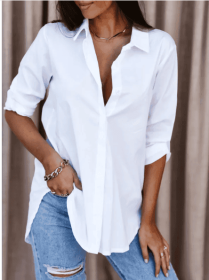 Autumn Simplicity Long Sleeve V-neck Buttons Women's Shirt (Option: White-2XL)