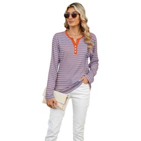Women's V-neck Striped Loose Long-sleeved T-shirt Top (Option: Pink And Purple Stripes-S)