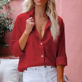 Women's Simple Button Front Shirt, Elegant Long Sleeve Solid Color Shirt Tops (Option: Red-S)