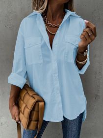 Simple Casual Long Sleeve Shirt With Pocket (Option: Light Blue-XXL)