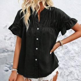 Women's Summer Casual Shirt - Button Front, Pleated Design With Lace Trim, Solid Color Top (Option: Black-S)