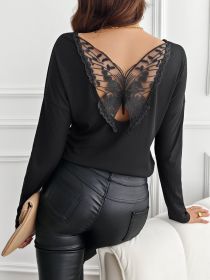 Women's Solid Color Back Stitching Pansy Rib Long-sleeved T-shirt (Option: Black-S)