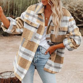 Plaid Button Flannel Woolen Shirt (Option: Khaki-M)