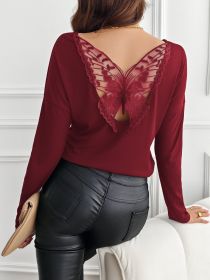 Women's Solid Color Back Stitching Pansy Rib Long-sleeved T-shirt (Option: Wine Red-M)