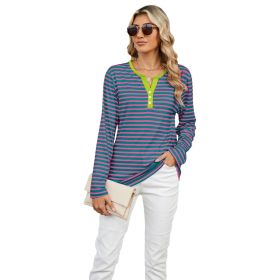 Women's V-neck Striped Loose Long-sleeved T-shirt Top (Option: Rose Green Stripe-M)