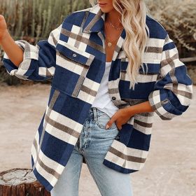 Plaid Button Flannel Woolen Shirt (Option: Navy Blue-M)