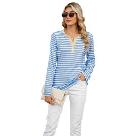Women's V-neck Striped Loose Long-sleeved T-shirt Top (Option: Blue And White Stripes-M)
