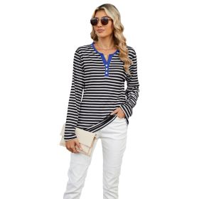Women's V-neck Striped Loose Long-sleeved T-shirt Top (Option: Black And White Stripes-L)