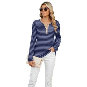 Women's V-neck Striped Loose Long-sleeved T-shirt Top (Option: Dark Blue Stripe-L)