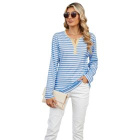 Women's V-neck Striped Loose Long-sleeved T-shirt Top (Option: Blue And White Stripes-L)