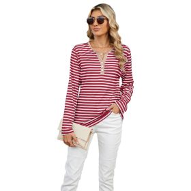Women's V-neck Striped Loose Long-sleeved T-shirt Top (Option: Red Stripe-L)